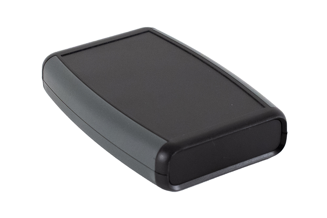 1553BXBK black ABS dual end panel handheld enclosure with grey overmold