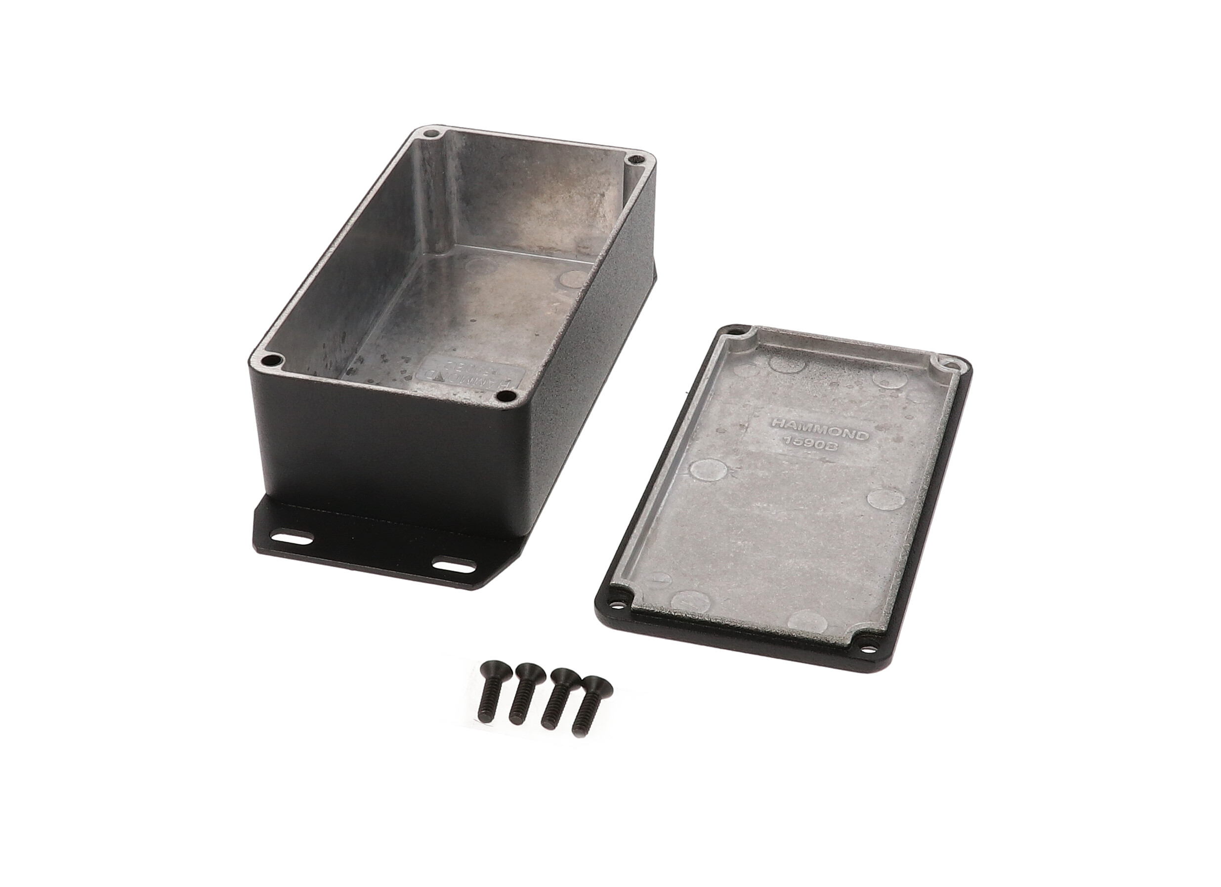 1590B2FBK textured black diecast aluminum enclosure with flanged bottom plate