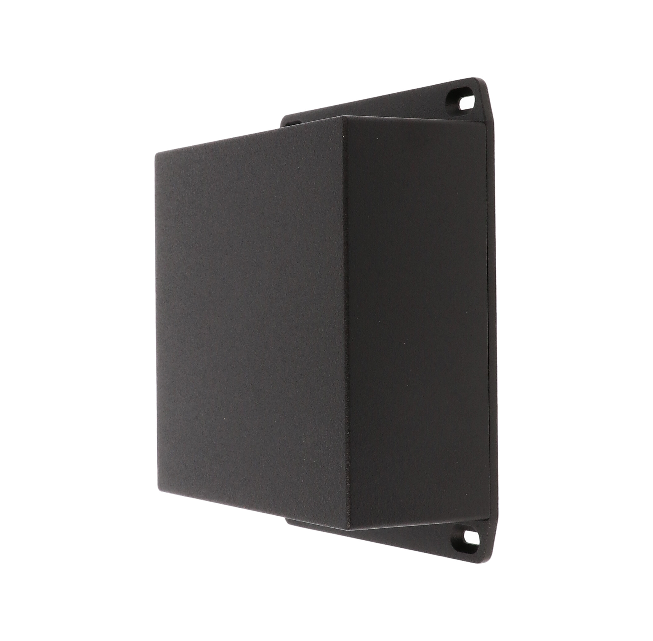 1590KKFLBK black textured diecast aluminum enclosure with wall-mounting flanged lid, 125 x 125 x 57 mm