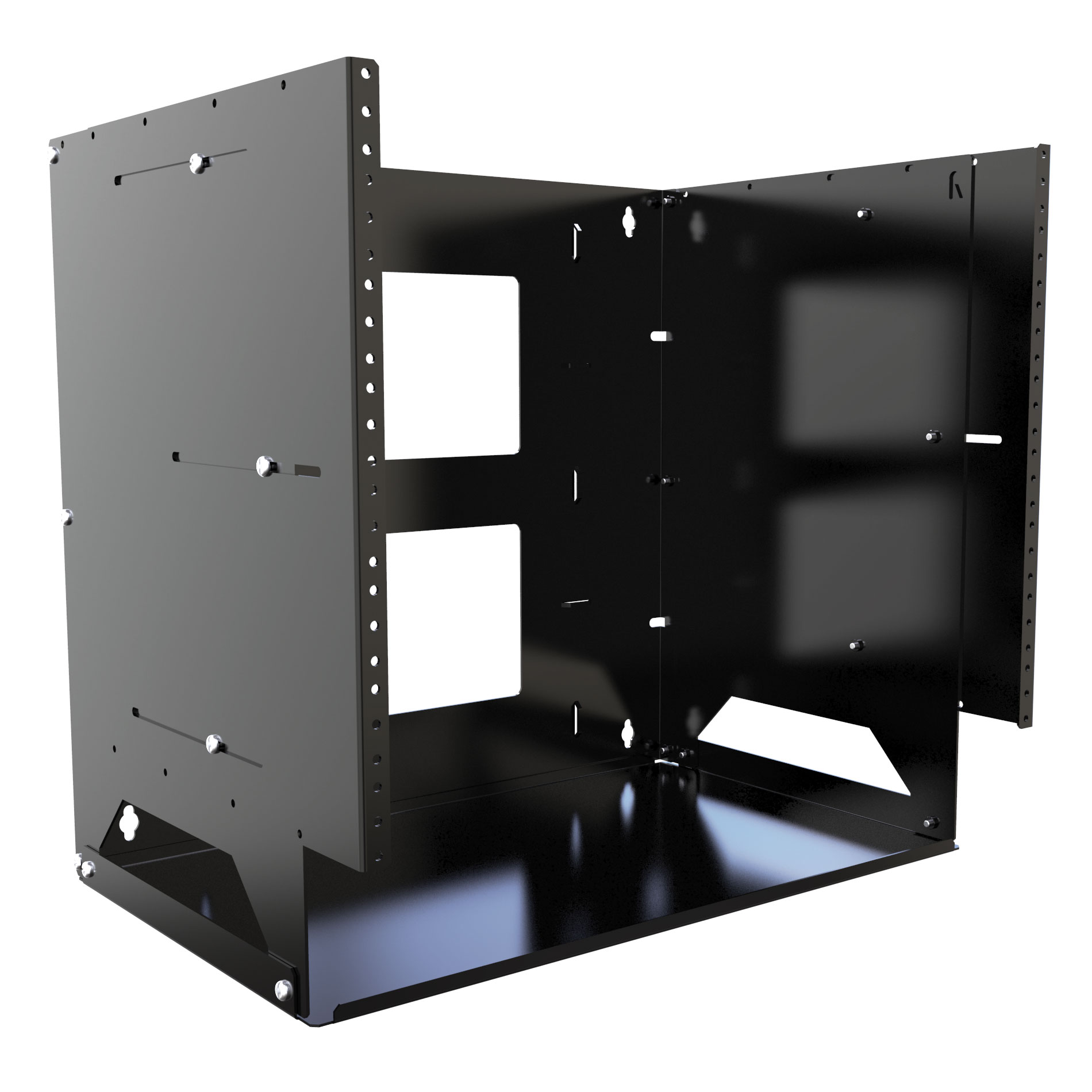 Hammond APBS194UBK 4U black adjustable depth open wall-mount rack with integrated 12-inch shelf and tapped 10-32 19-inch rails — view 2