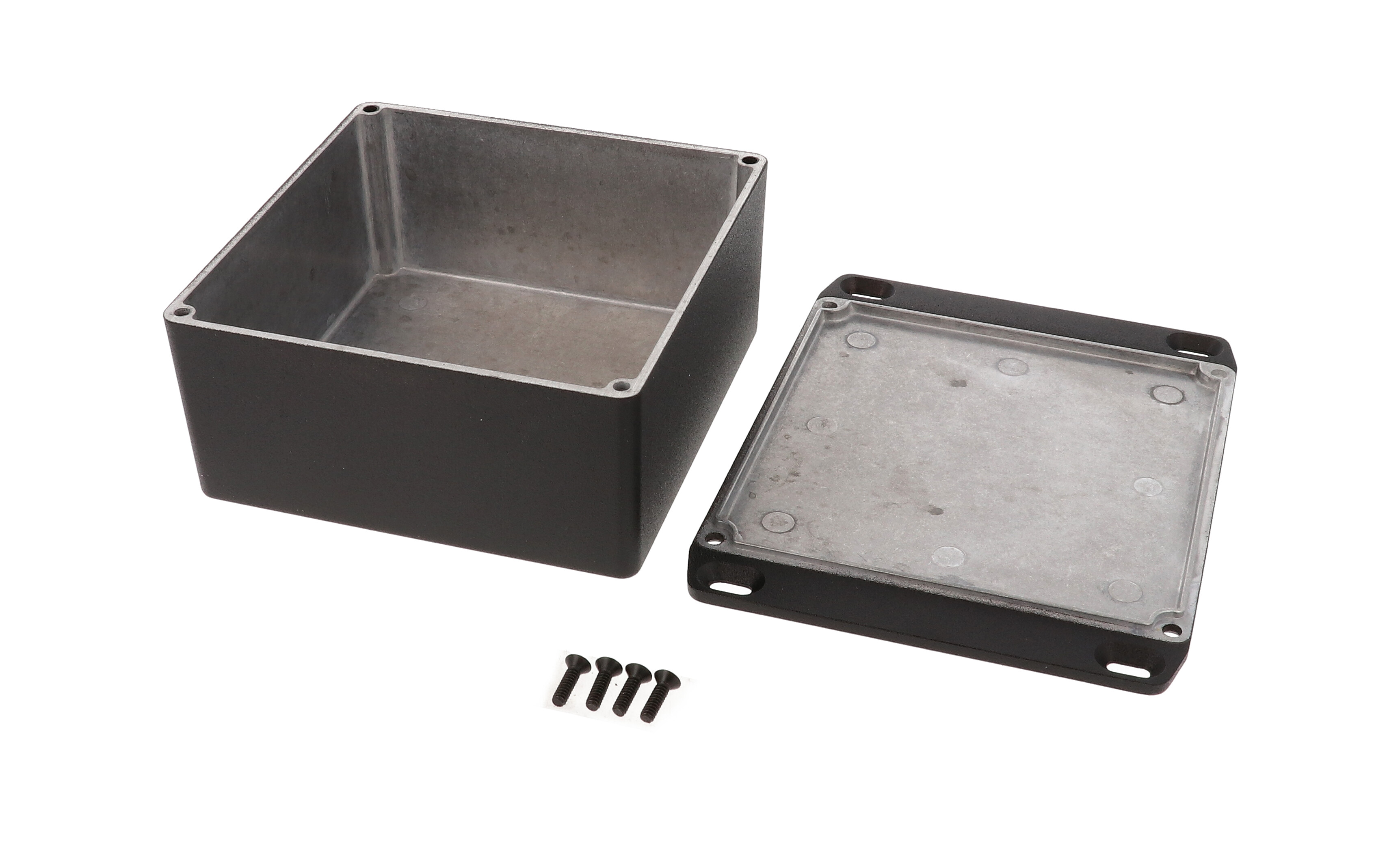 1590UFLBK textured black square diecast aluminum enclosure with wall-mounting flanged lid