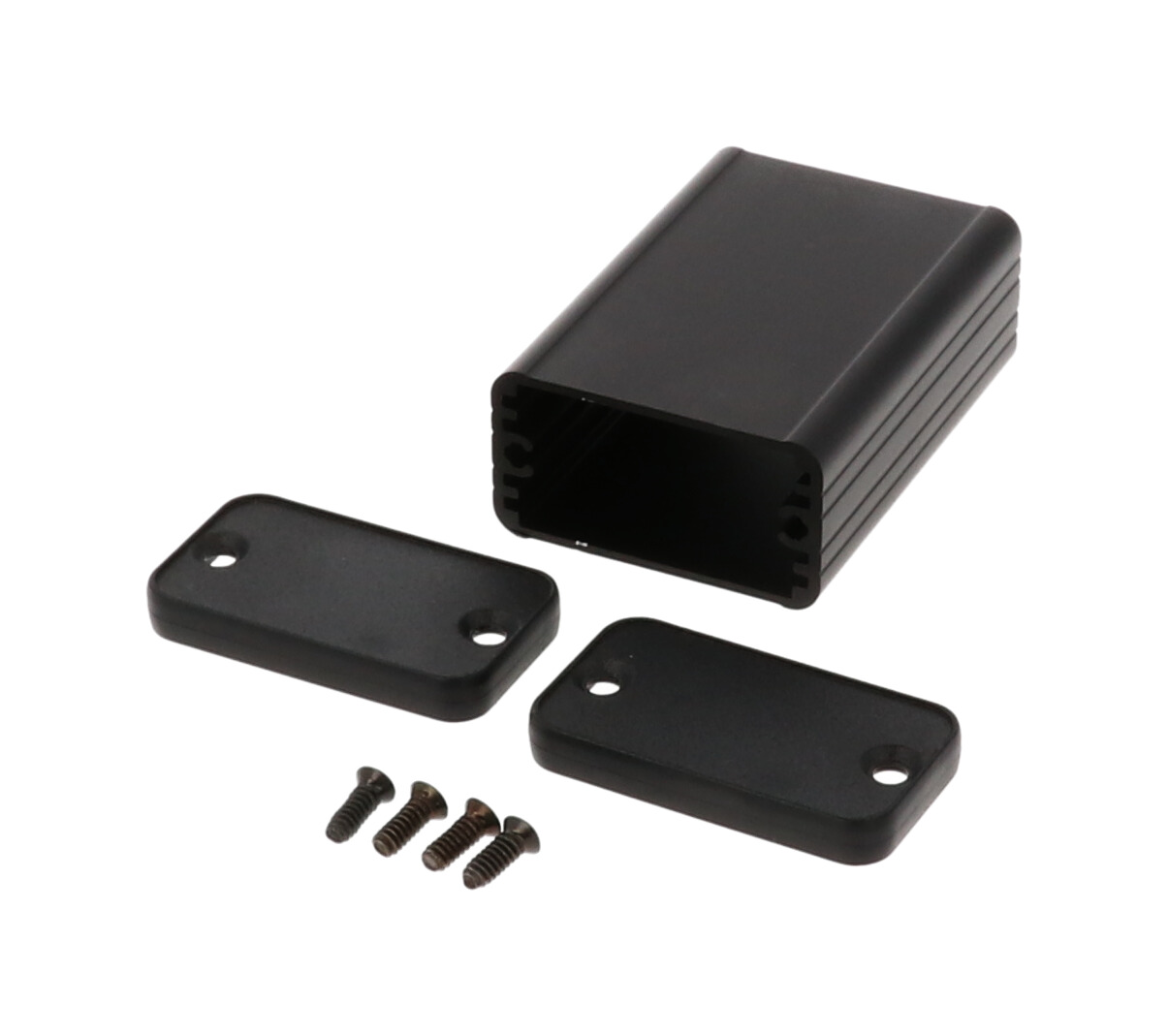 1455D602BK black anodized extruded aluminum enclosure, 60 x 45 x 25 mm, with closed black plastic end panels