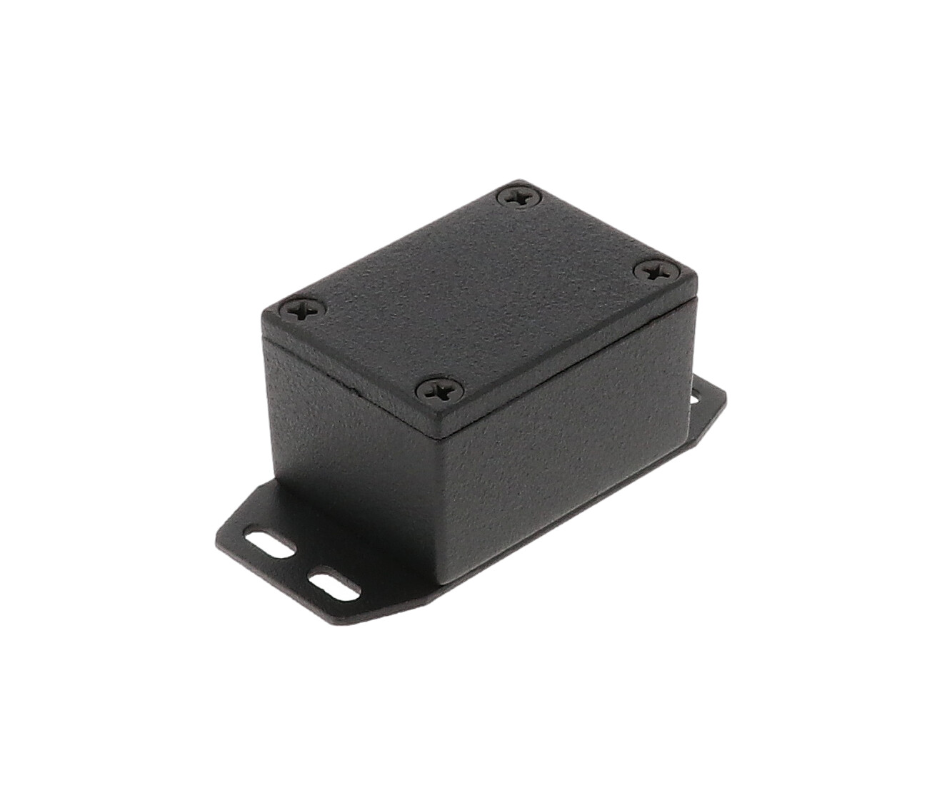 1590HFBK small black diecast aluminum enclosure with flanged bottom plate, 53 x 38 x 31 mm