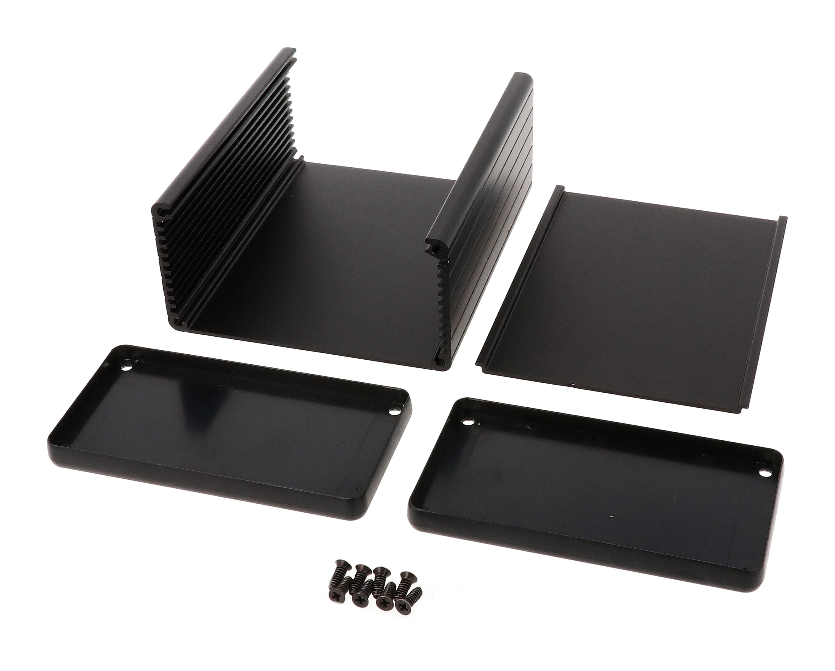 1455N1202BK black anodized extruded aluminum enclosure, 120 x 103 x 53 mm, with plastic end panels