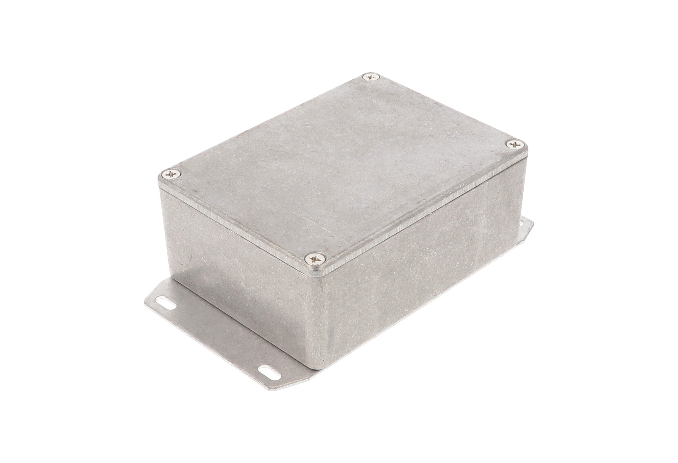 1590SF natural aluminum diecast aluminum enclosure with welded flanged bottom plate, 110 x 82 x 44 mm