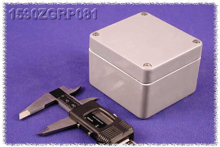 1590ZGRP081 gray glass reinforced polyester watertight enclosure, 80 x 75 x 55 mm, with four-screw lid