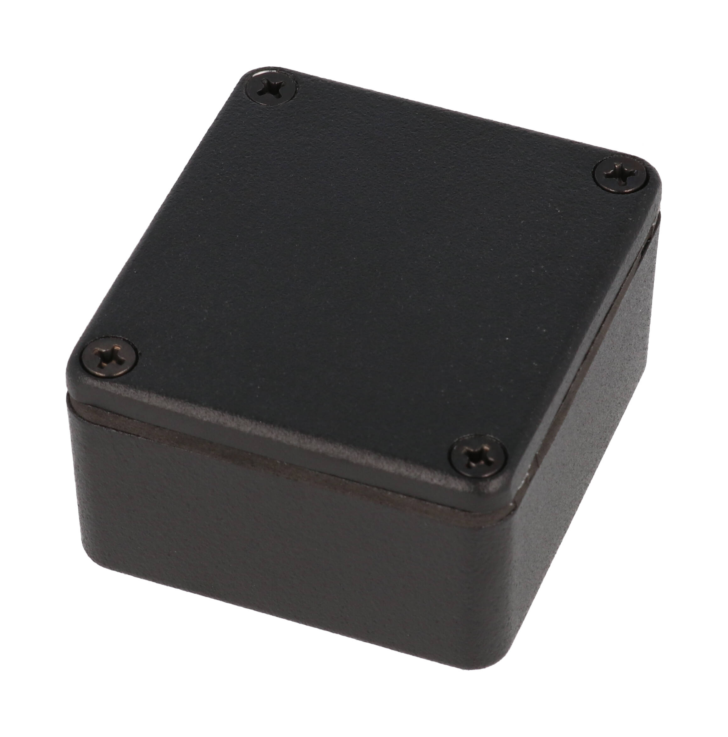 1550WQBK compact black diecast aluminum enclosure with lid and IP66 gasket, 60 x 55 x 26 mm