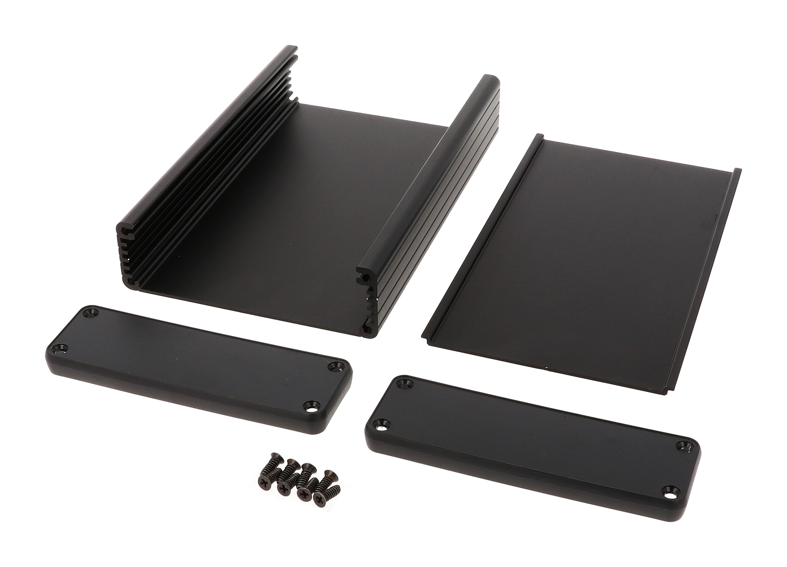 1455L1601BK black anodized extruded aluminum PC board enclosure, 160 x 103 x 30.5 mm, with aluminum end panels and black bezels
