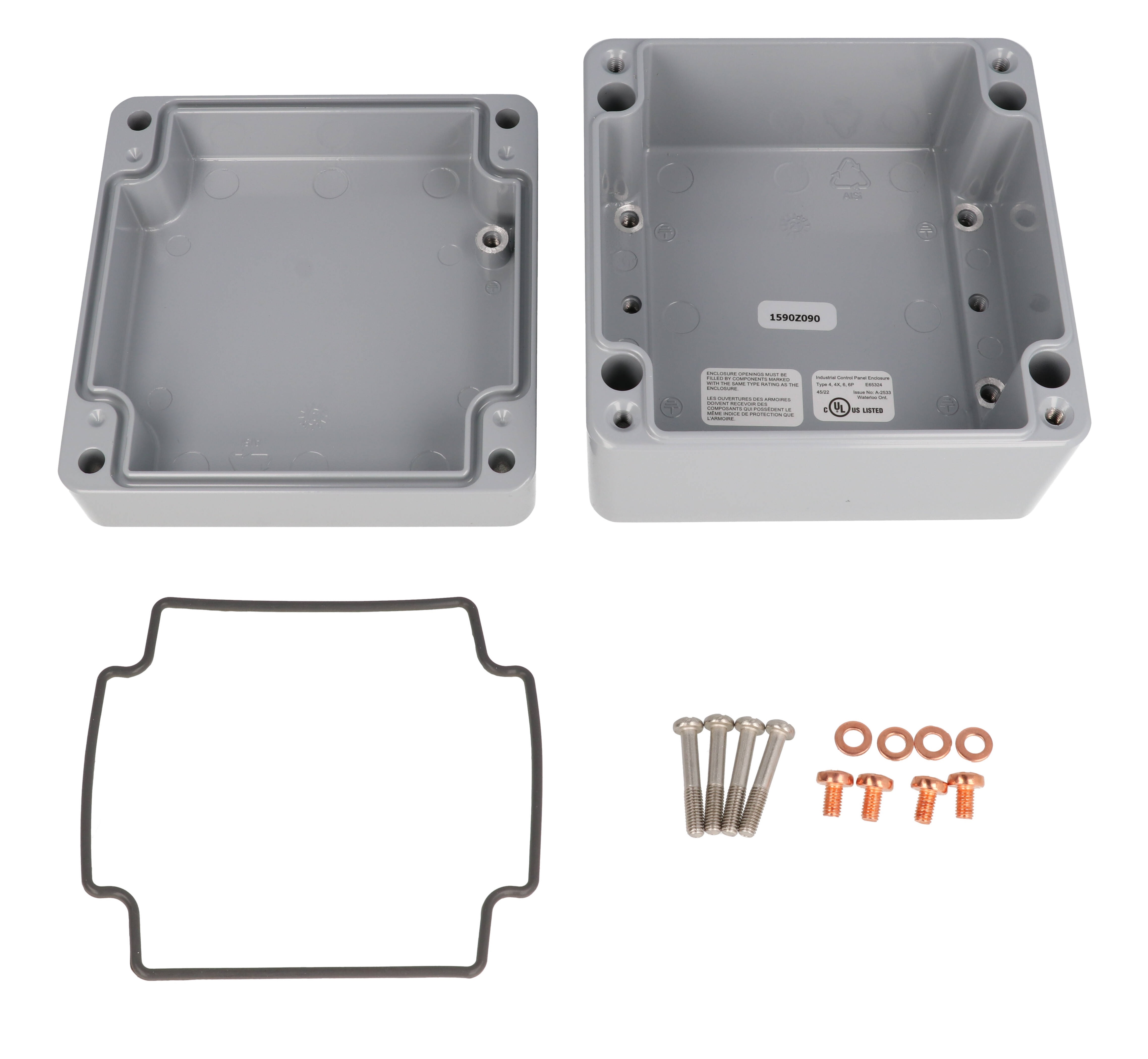 1590Z090GY smooth gray RAL 7001 140 x 140 x 90 mm diecast aluminum enclosure with gasketed lid and recessed stainless screws