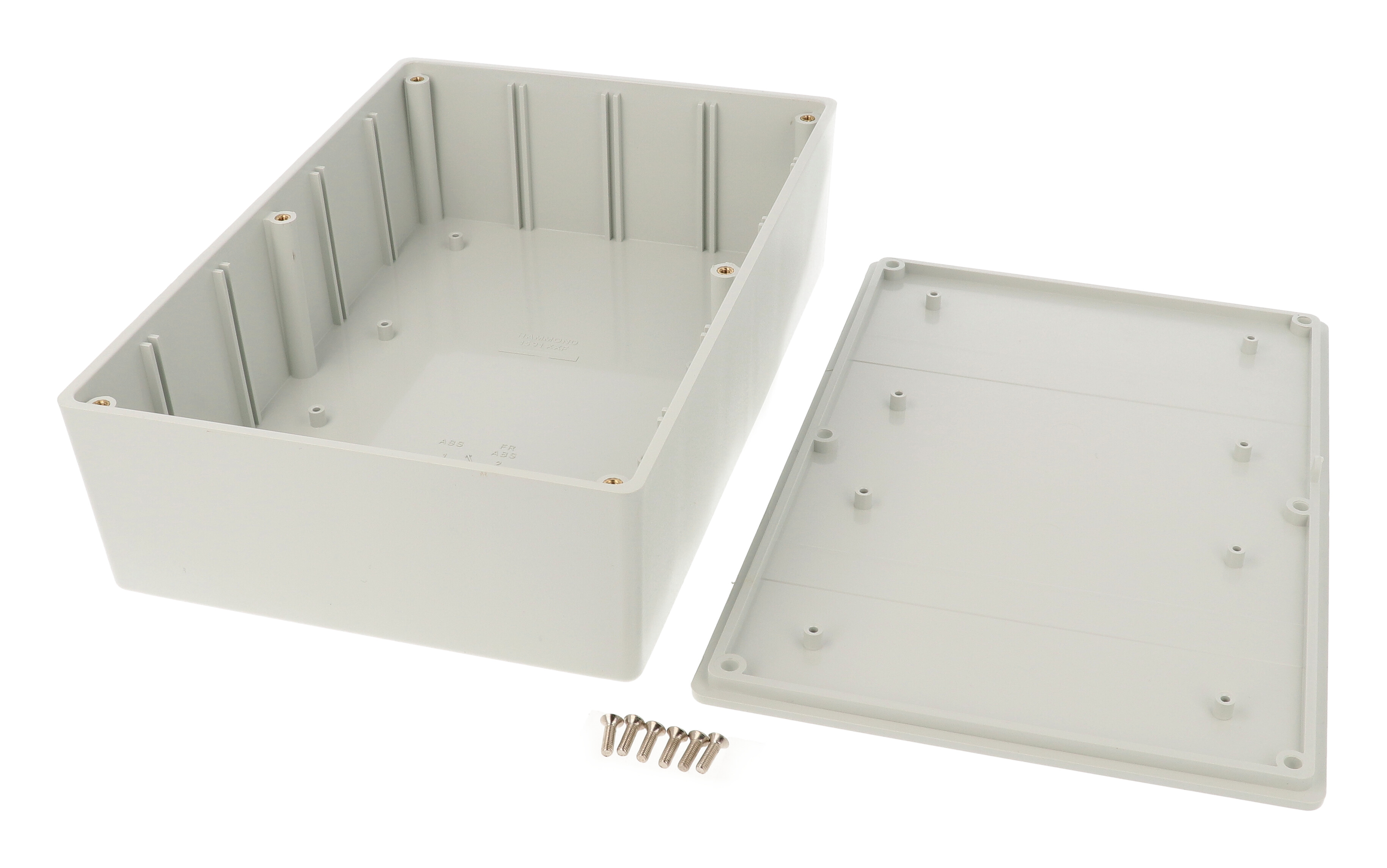 Hammond 1591XXFGY light gray ABS plastic enclosure, 1591XXF size, box and lid shown