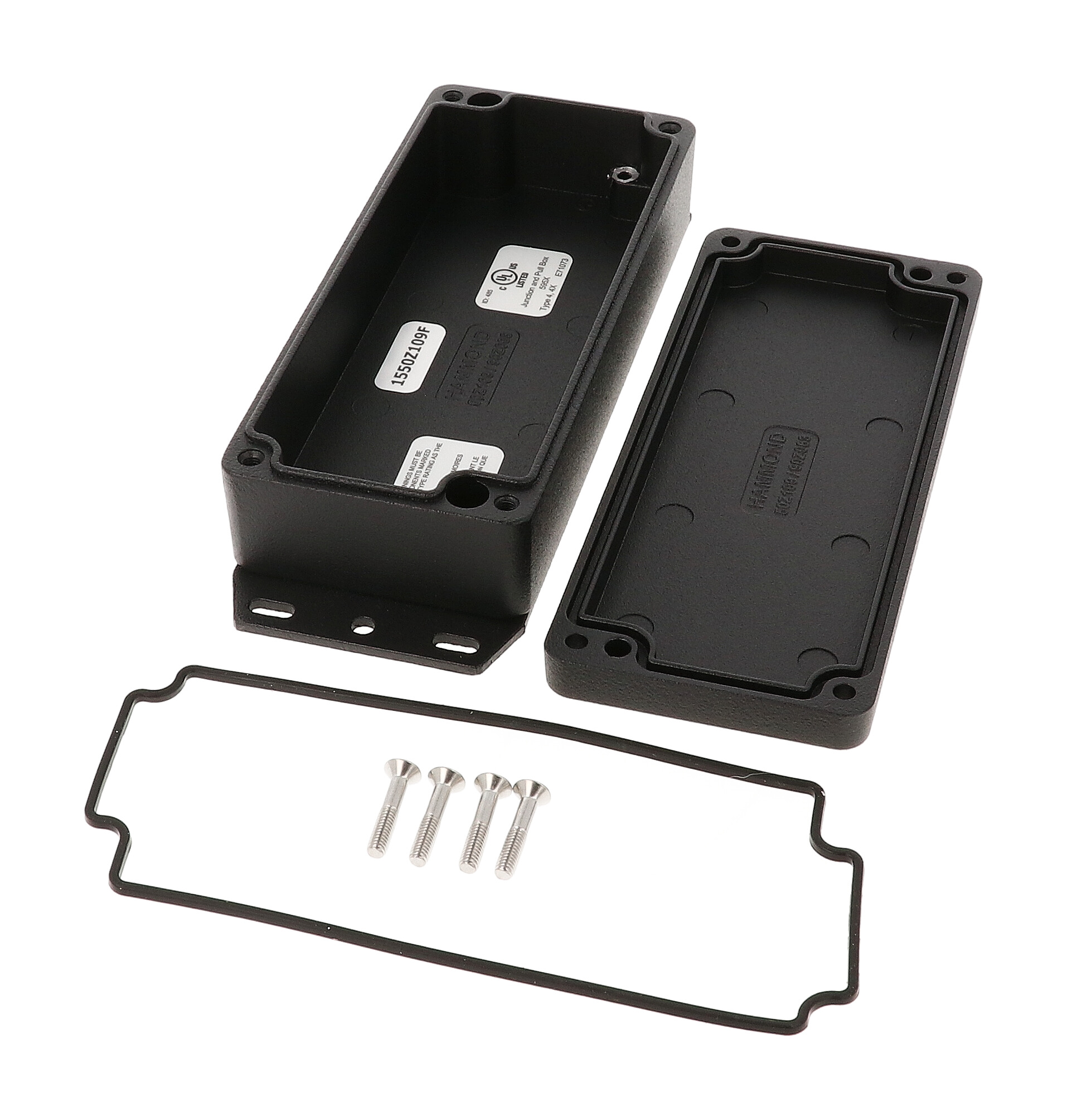 1550Z109FBK textured black watertight diecast enclosure with flanged base and screw-down lid, 177x64x39 mm