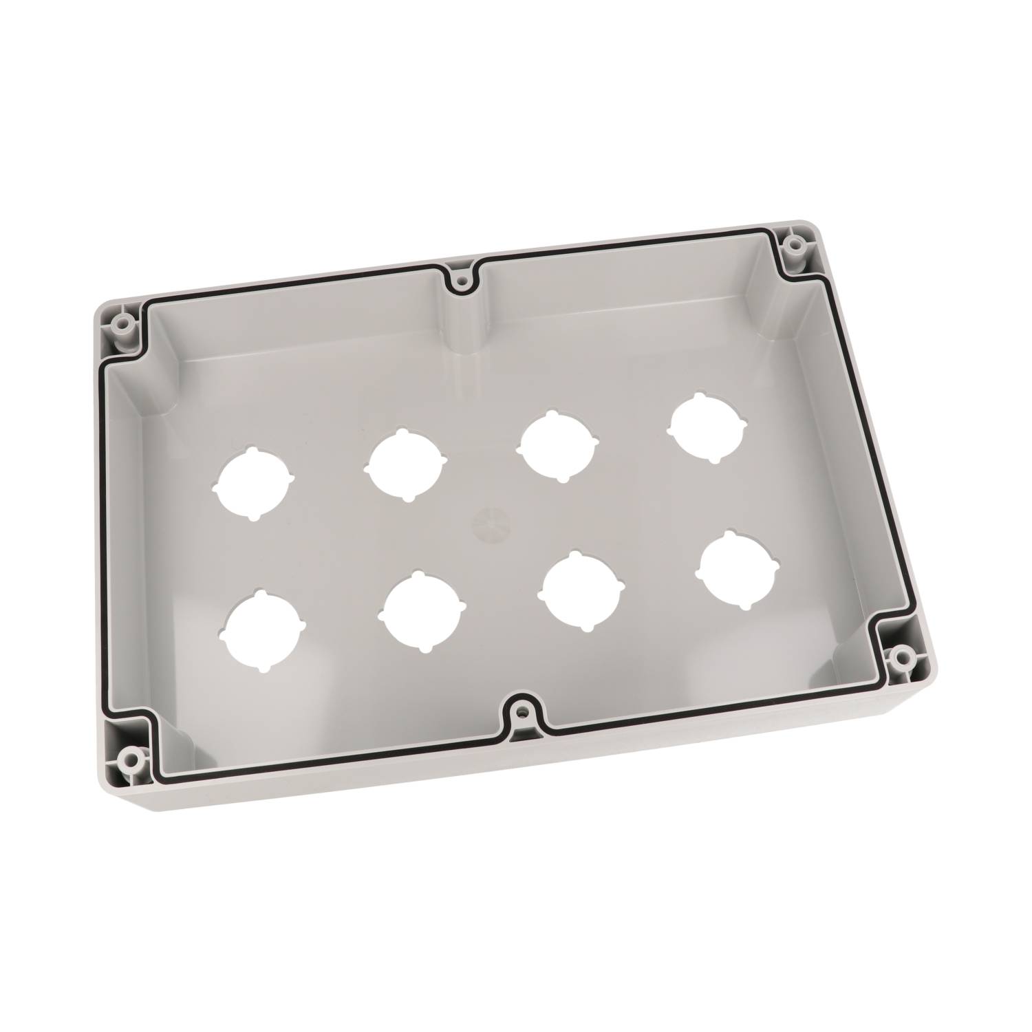 1554PB8A deep light gray polycarbonate enclosure with eight 30.5mm pushbutton holes