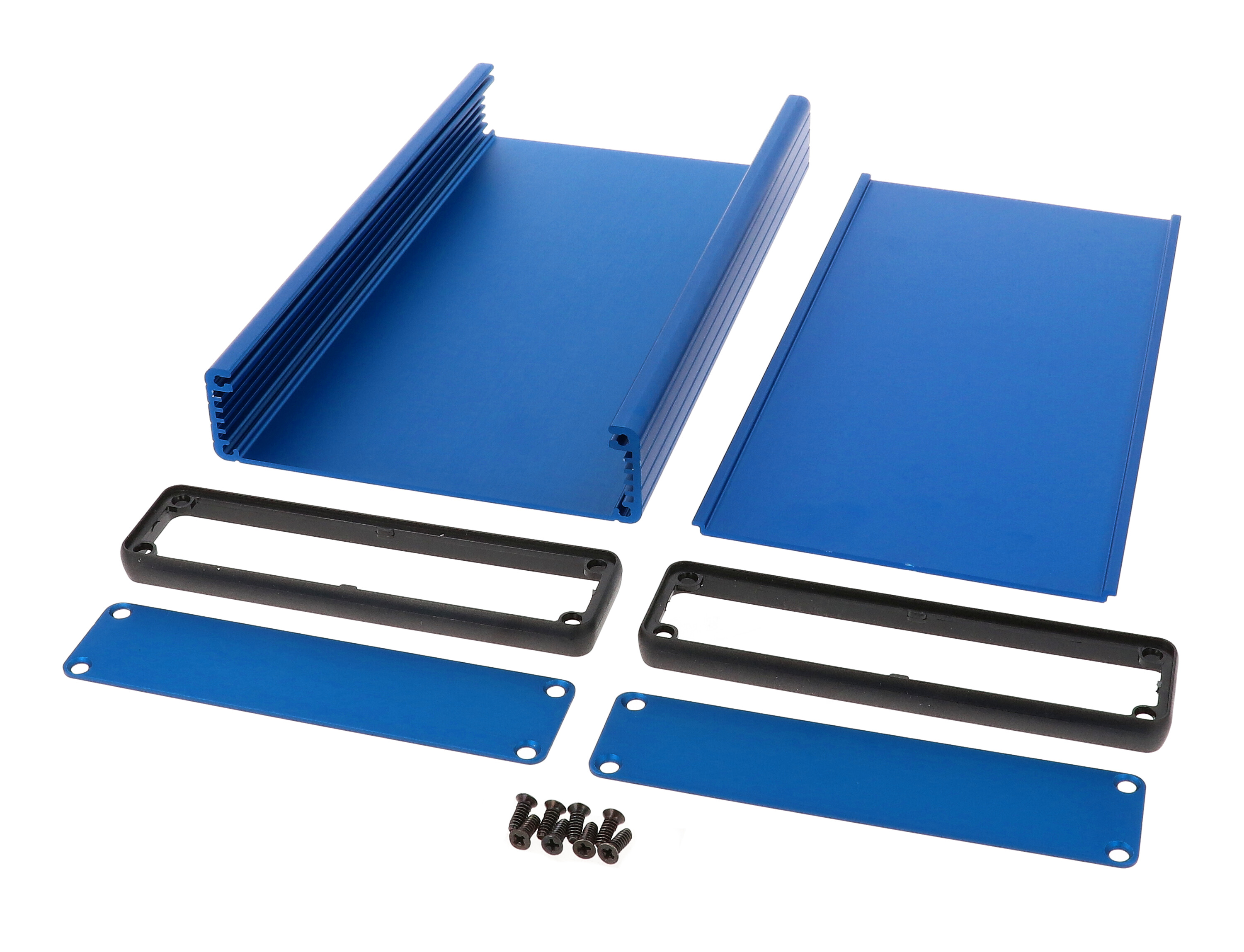 1455P2201BU blue anodized extruded aluminum PC board enclosure, 220 x 125 x 30.5 mm, with aluminum end panels and open bezels