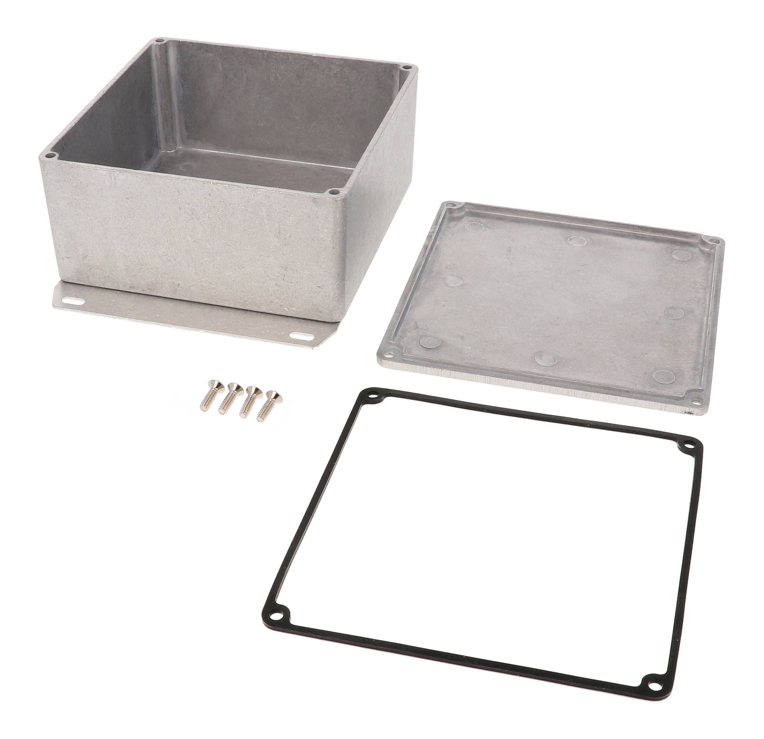 1590WUF natural aluminum watertight diecast aluminum enclosure with flanged bottom plate, 120 mm x 120 mm x 59 mm