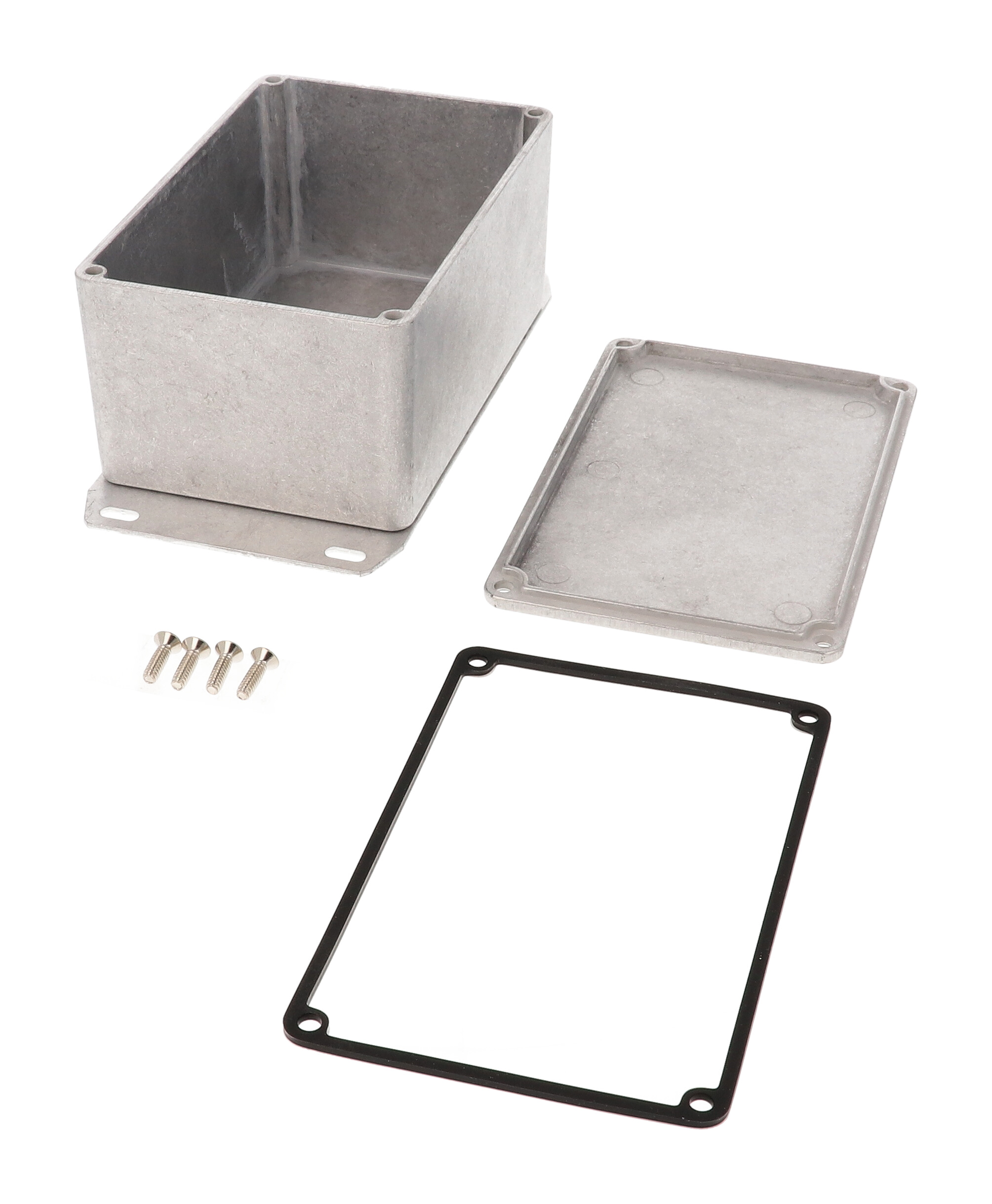 1590WTF natural aluminum IP65 water-tight diecast aluminum enclosure with a welded flanged bottom plate, 120x80x59mm