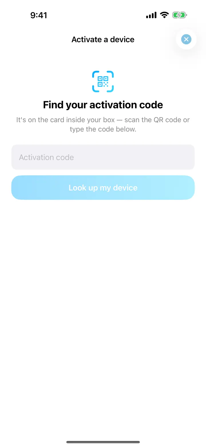 Activate a device screen: find your activation code, scan the QR code or type it in