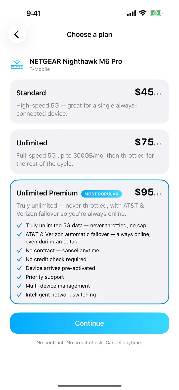 Choose a plan screen: Standard $45, Unlimited $75 and Unlimited Premium $95 a month