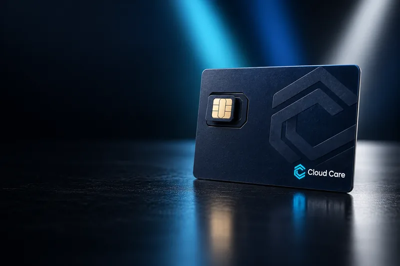 A deep navy Cloud Care SIM card standing on a polished black surface, with beams of light converging behind it