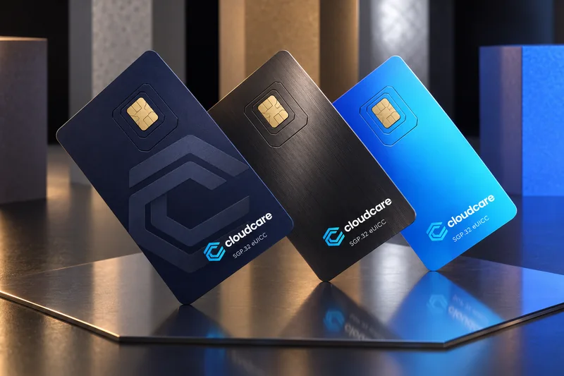 Cloud Care SGP.32 eSIM cards in navy, graphite and blue finishes