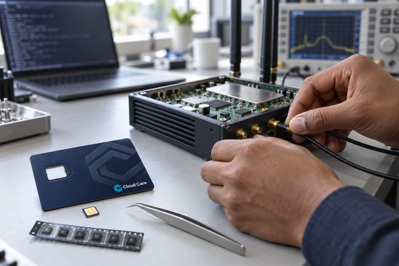 An engineer testing an industrial router on a lab bench beside a Cloud Care SIM card and eSIM chips