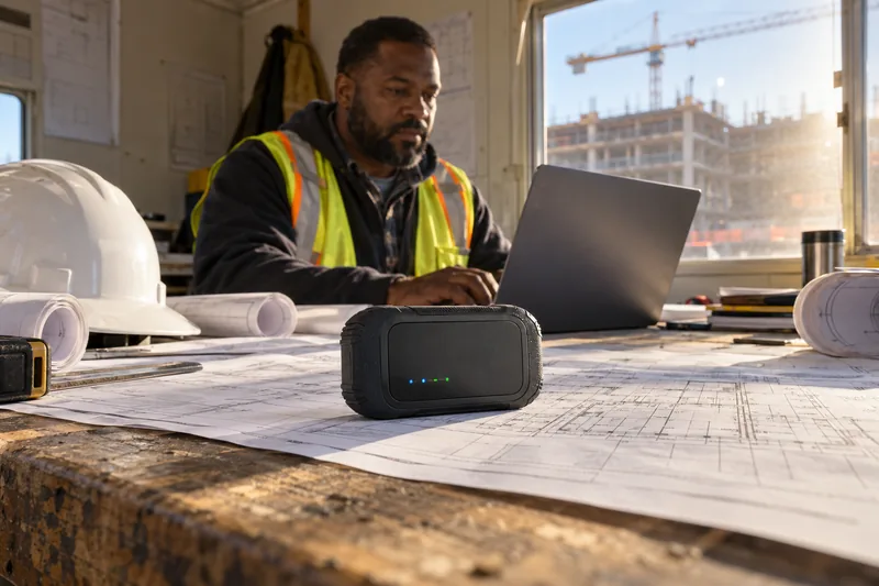 A site superintendent works beside a rugged 5G hotspot in a construction trailer