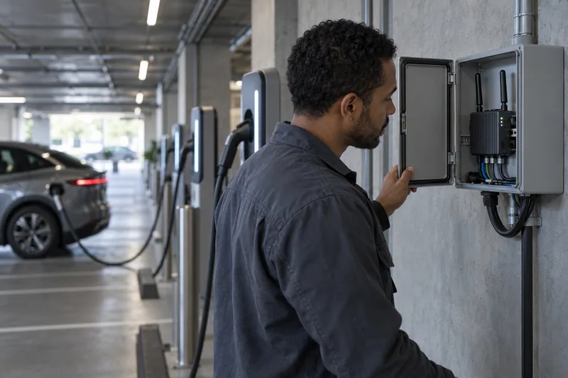 An engineer opens a cellular gateway enclosure beside EV chargers in a parking garage