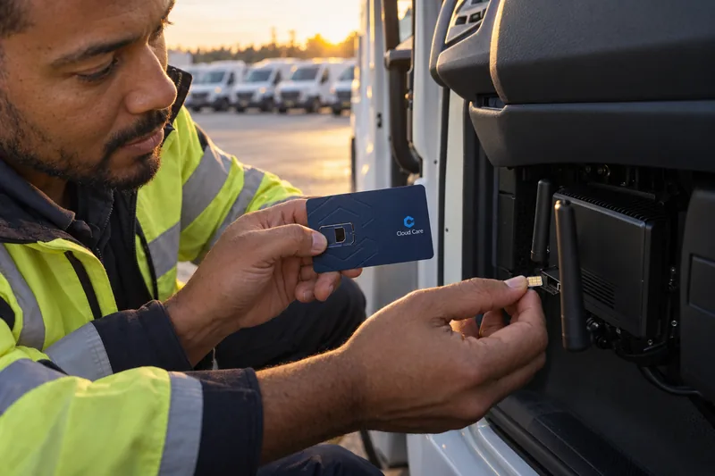 A field technician presses a nano SIM out of a Cloud Care card and into a router mounted in a service van at dawn