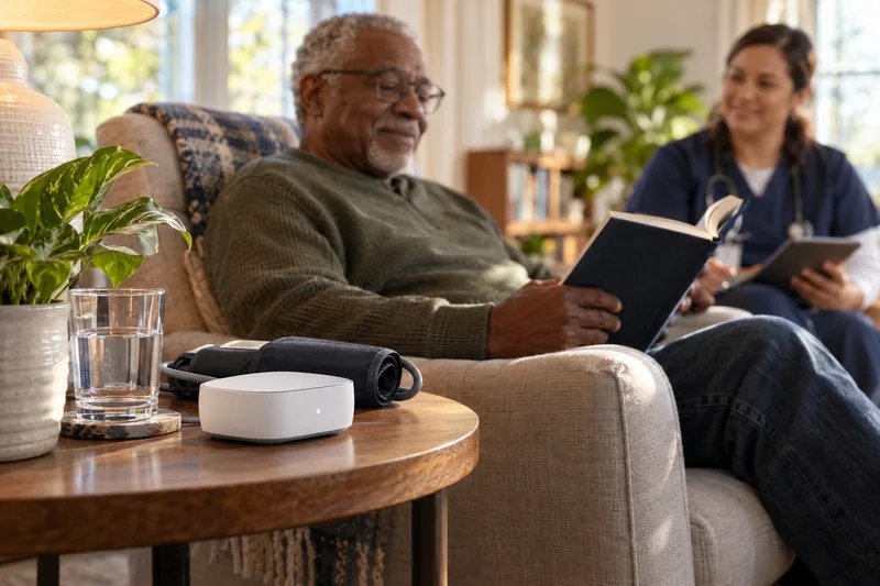 An older adult reading at home beside a cellular health hub while a nurse visits