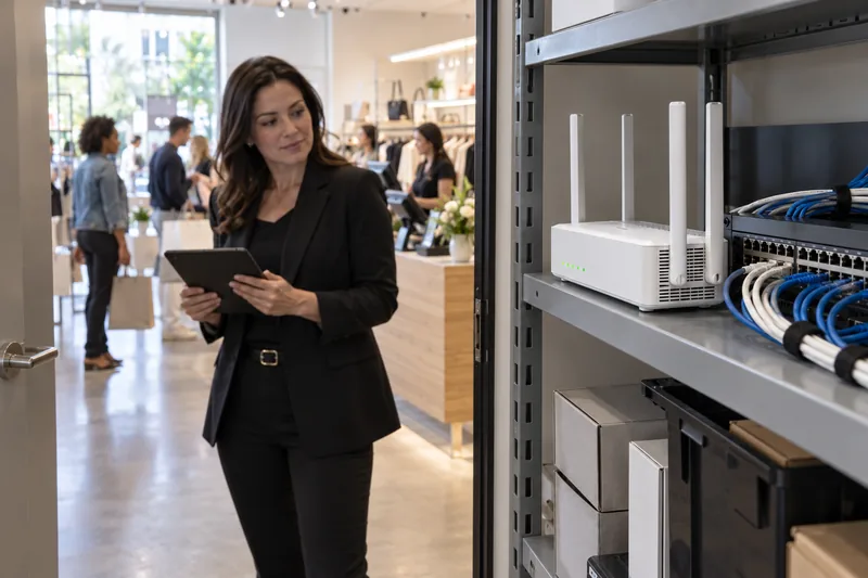 A store manager beside a business 5G router in a retail back office