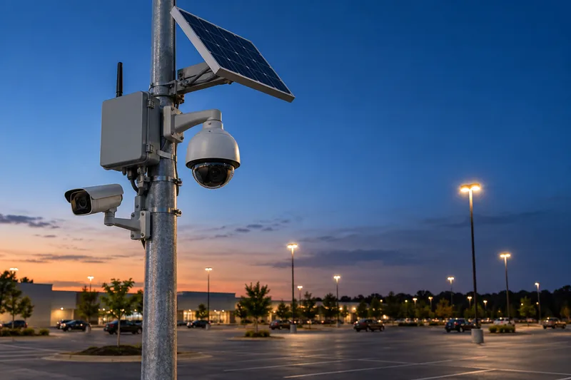 Security cameras, a solar panel and a cellular enclosure on a pole in a retail parking lot at dusk
