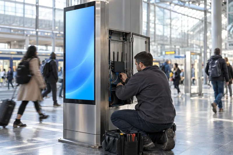 A technician services the cellular router inside a digital kiosk in a transit station