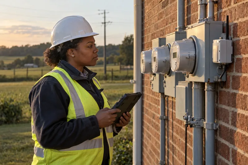 A utility technician with a tablet checks smart electricity meters on a rural building