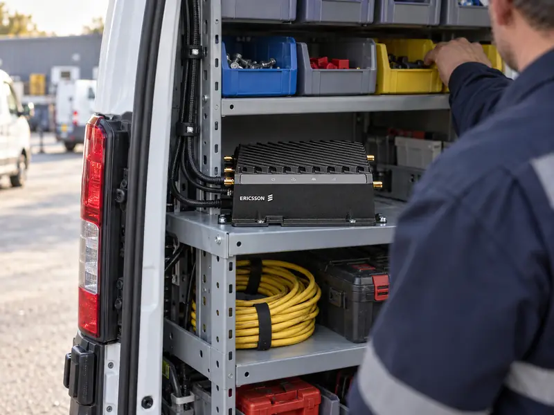 A Cradlepoint R980 router bolted to the equipment racking in the back of a service van