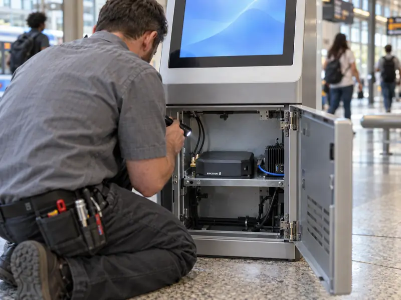 A technician checking the Cradlepoint S400 router inside a transit station kiosk's service door