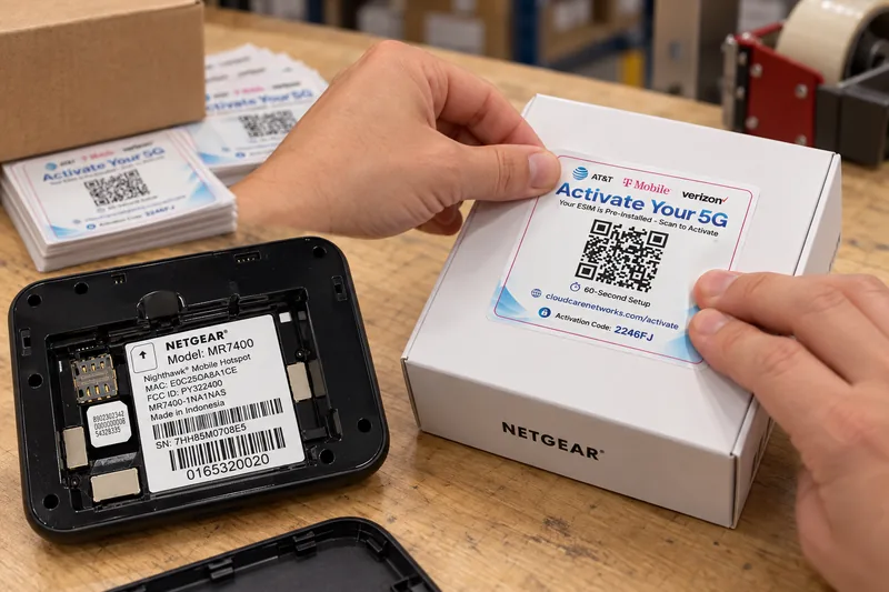 Hands pressing an “Activate Your 5G” QR sticker onto a hotspot's retail box at a packing bench, next to the open hotspot with its SIM seated in the tray