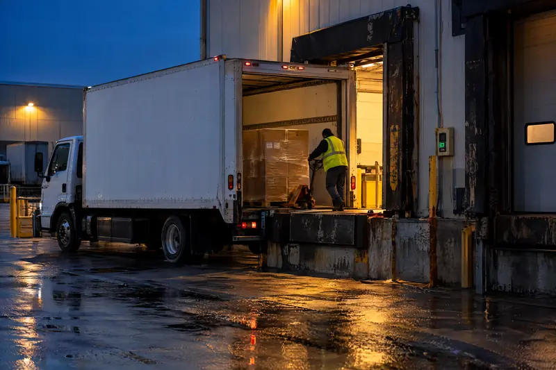 Device shipments being loaded onto a truck at dusk