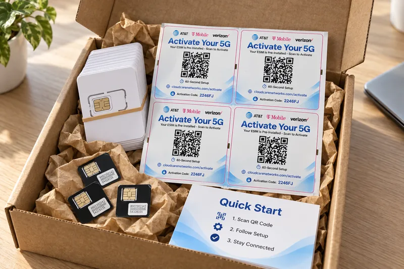 An open shipping box holding a reseller starter kit: a stack of SIM carriers, a sheet of “Activate Your 5G” QR activation stickers, loose SIM cards and a quick-start card