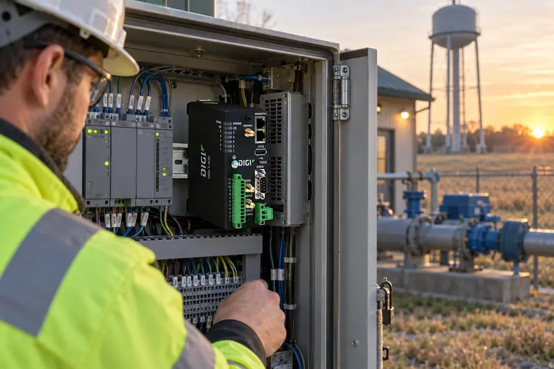 An engineer at a pump station cabinet with a cellular router