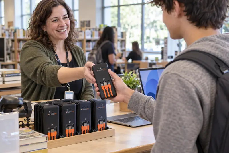 A librarian lending a hotspot to a student