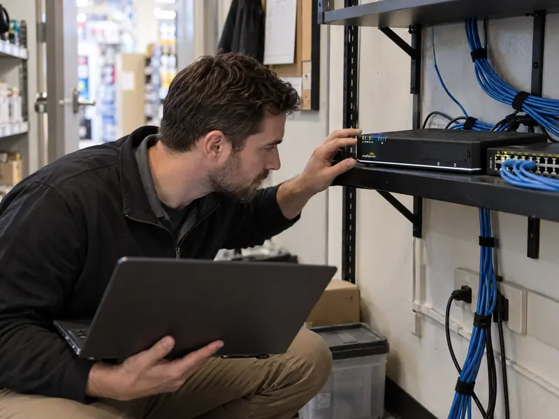 A technician checking a branch router's status lights