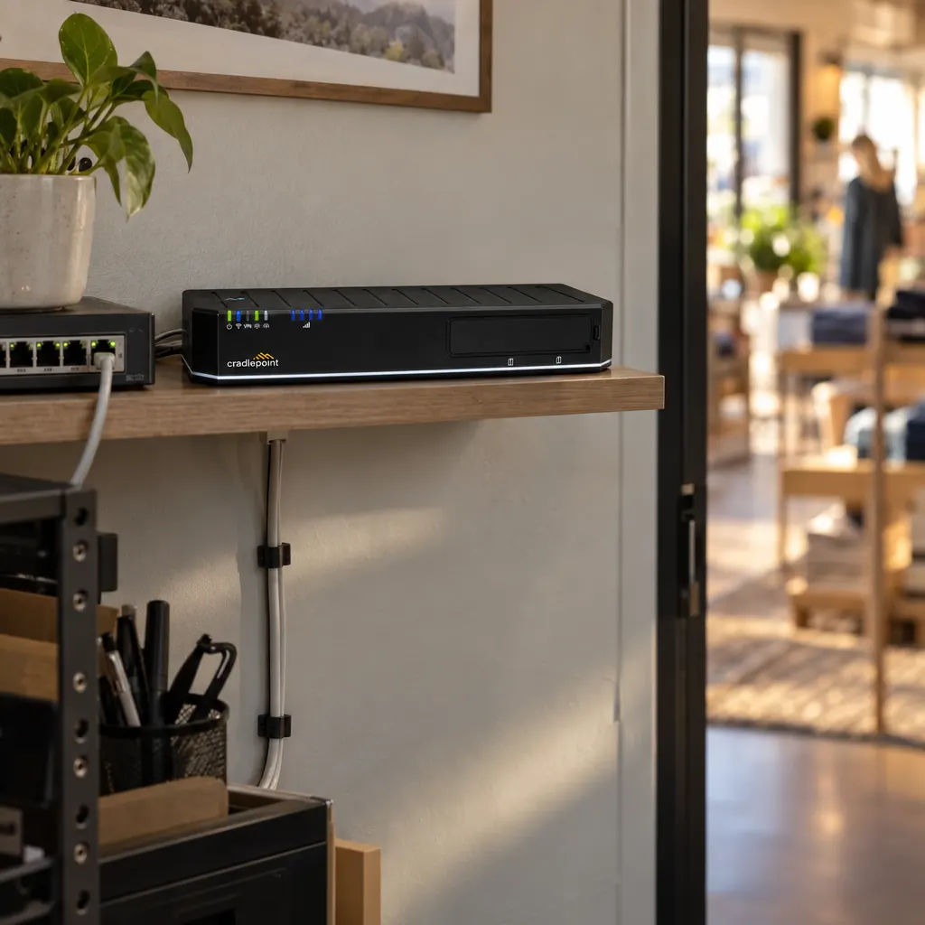 A 5G branch router installed on a back-office shelf as failover for a retail store