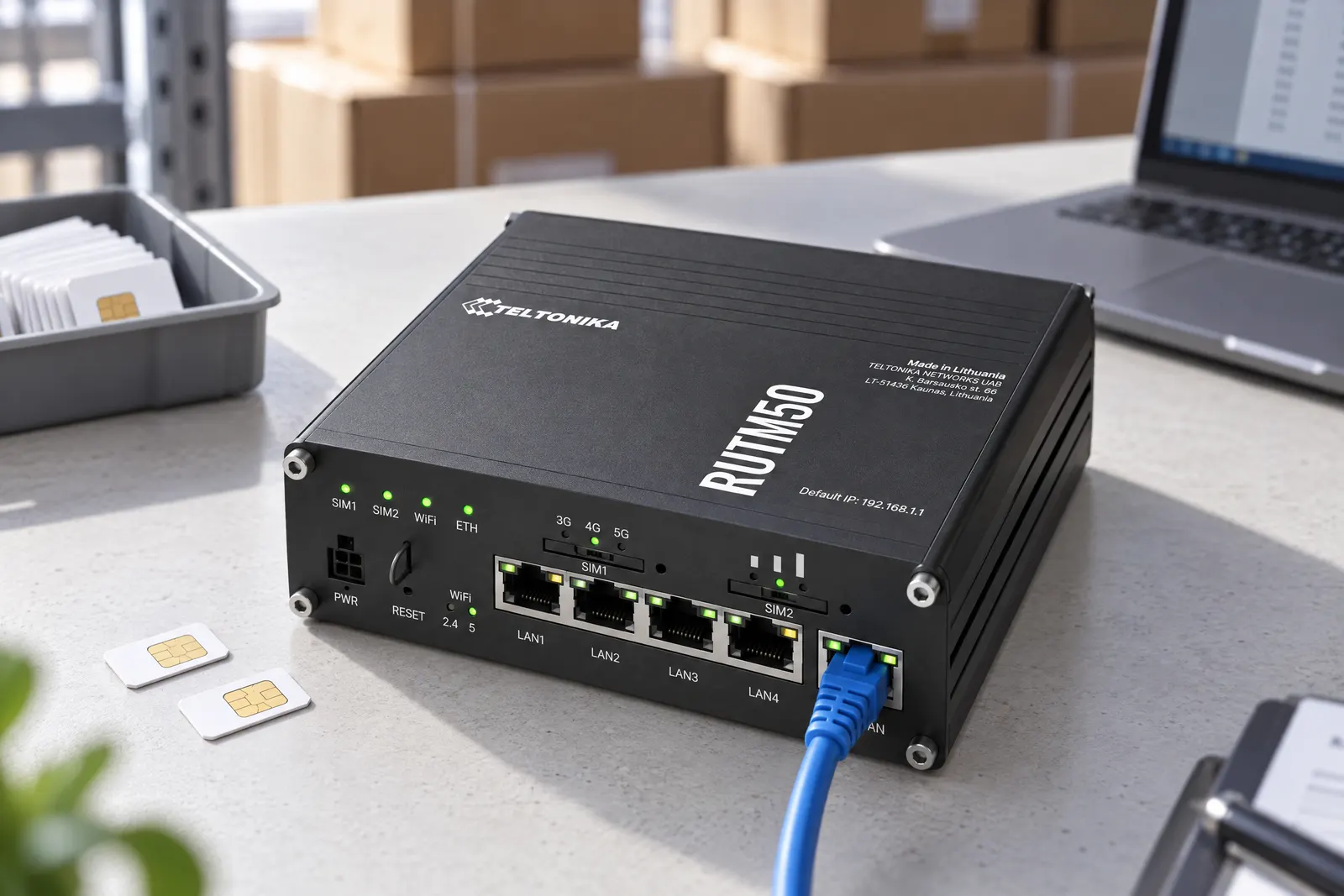 A Teltonika RUTM50 5G router connected and powered up on a staging bench, with SIM cards and shipping cartons ready for rollout