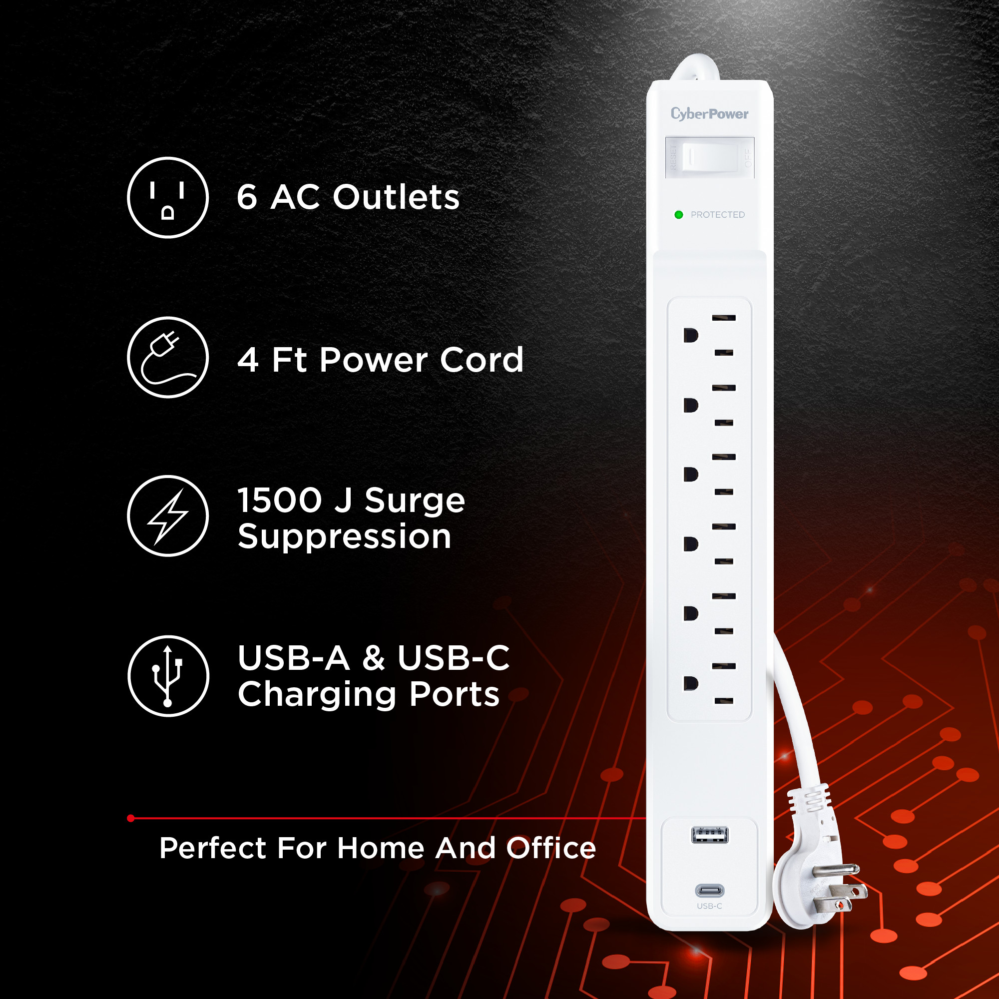 CyberPower CSP604UCW white surge protector with USB-A and USB-C charging — view 5