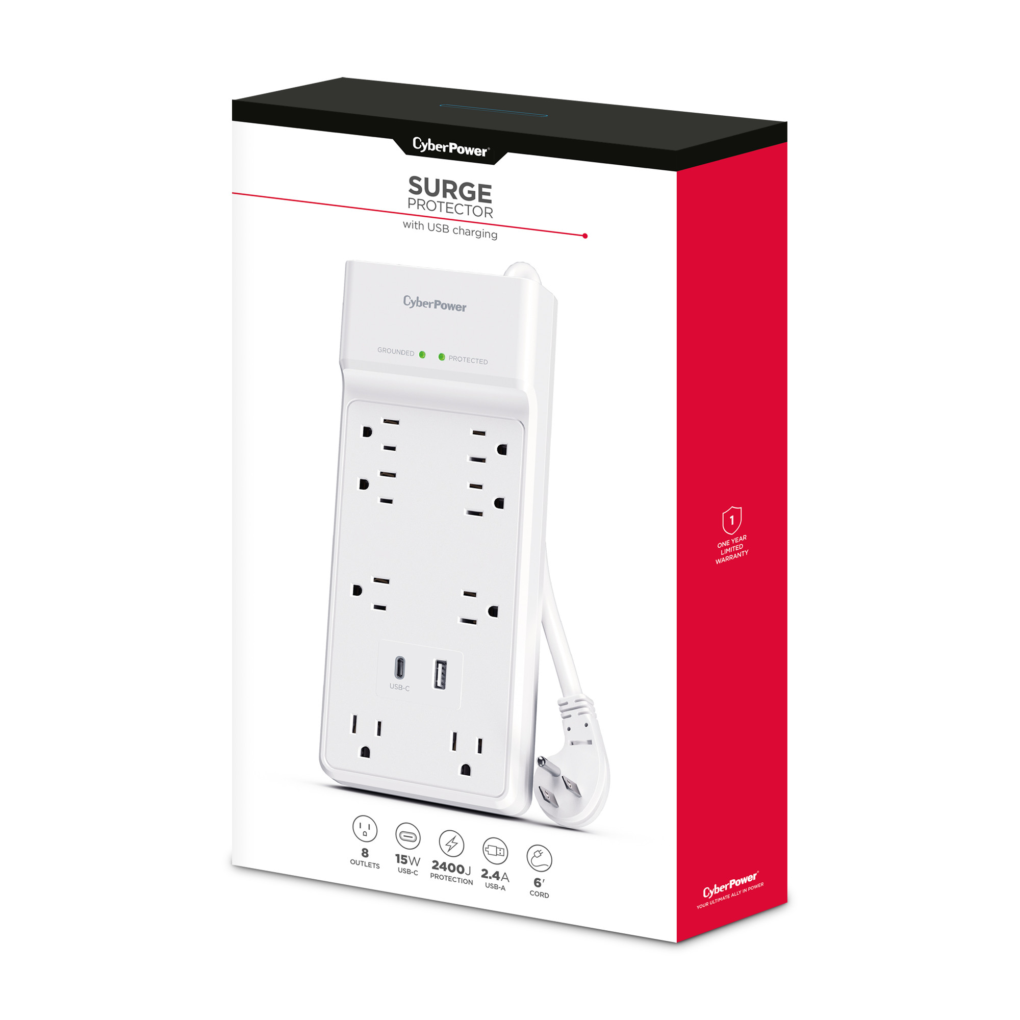CyberPower P806UC15 surge protector with 8 outlets, USB-A and USB-C charging, and 6 ft cord — view 10