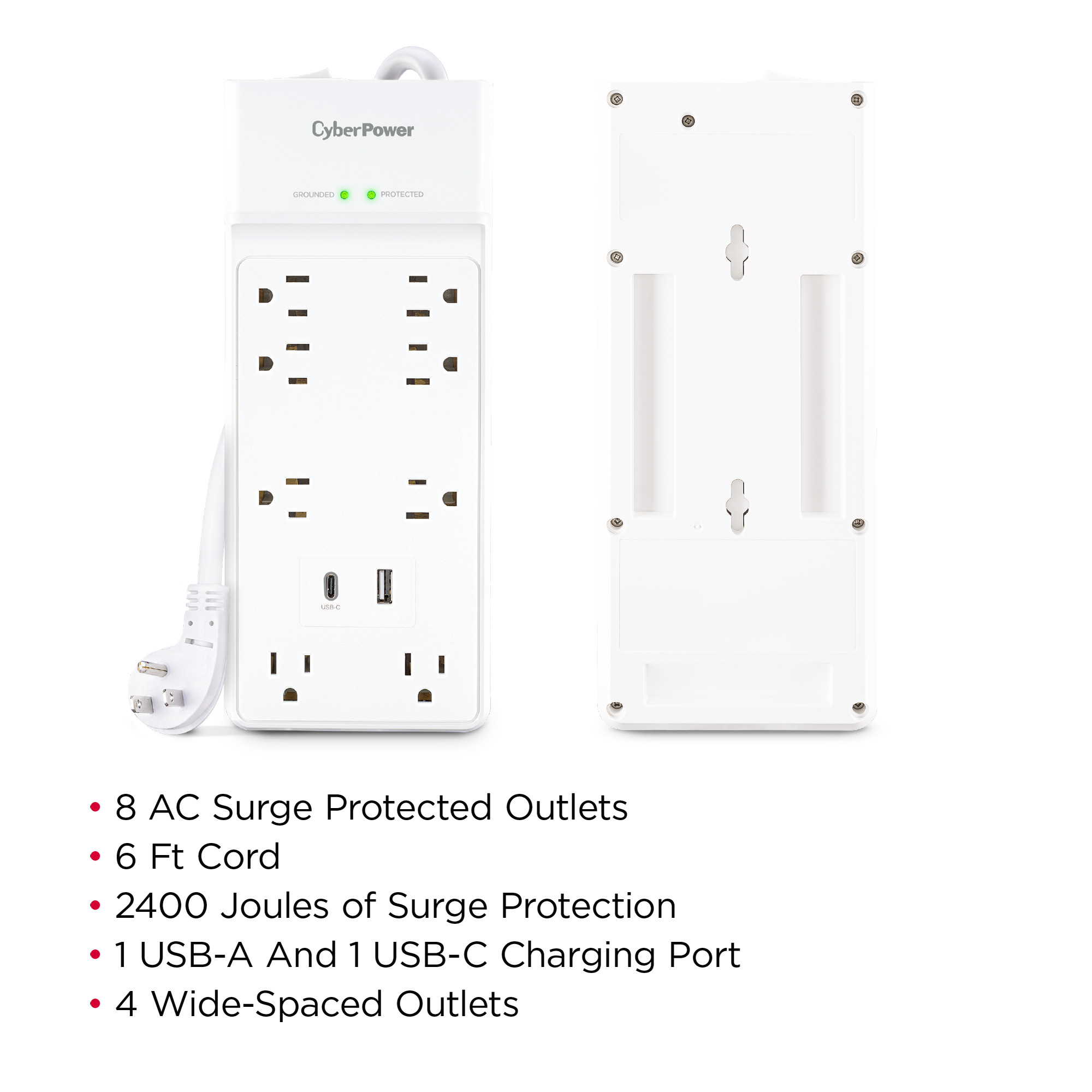 CyberPower P806UC15 surge protector with 8 outlets, USB-A and USB-C charging, and 6 ft cord — view 5