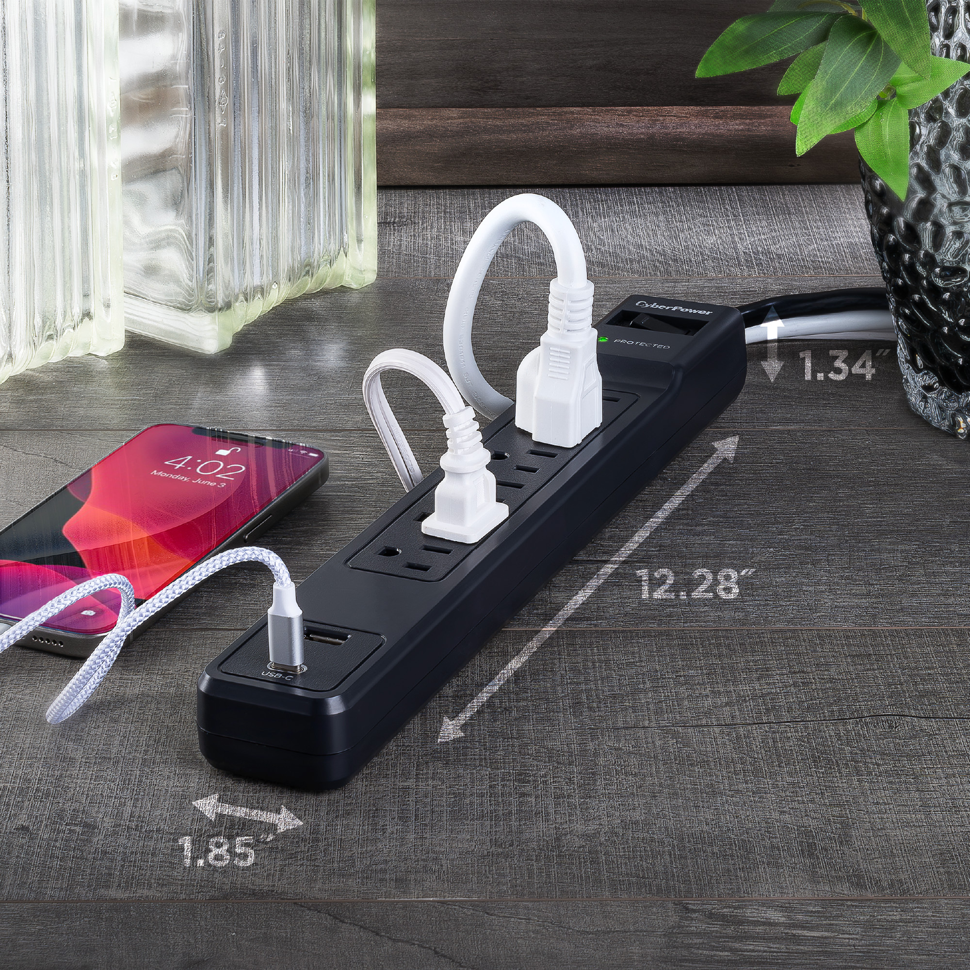 CyberPower CSP604UC black surge protector with 4 ft cord and USB-A and USB-C charging — view 6
