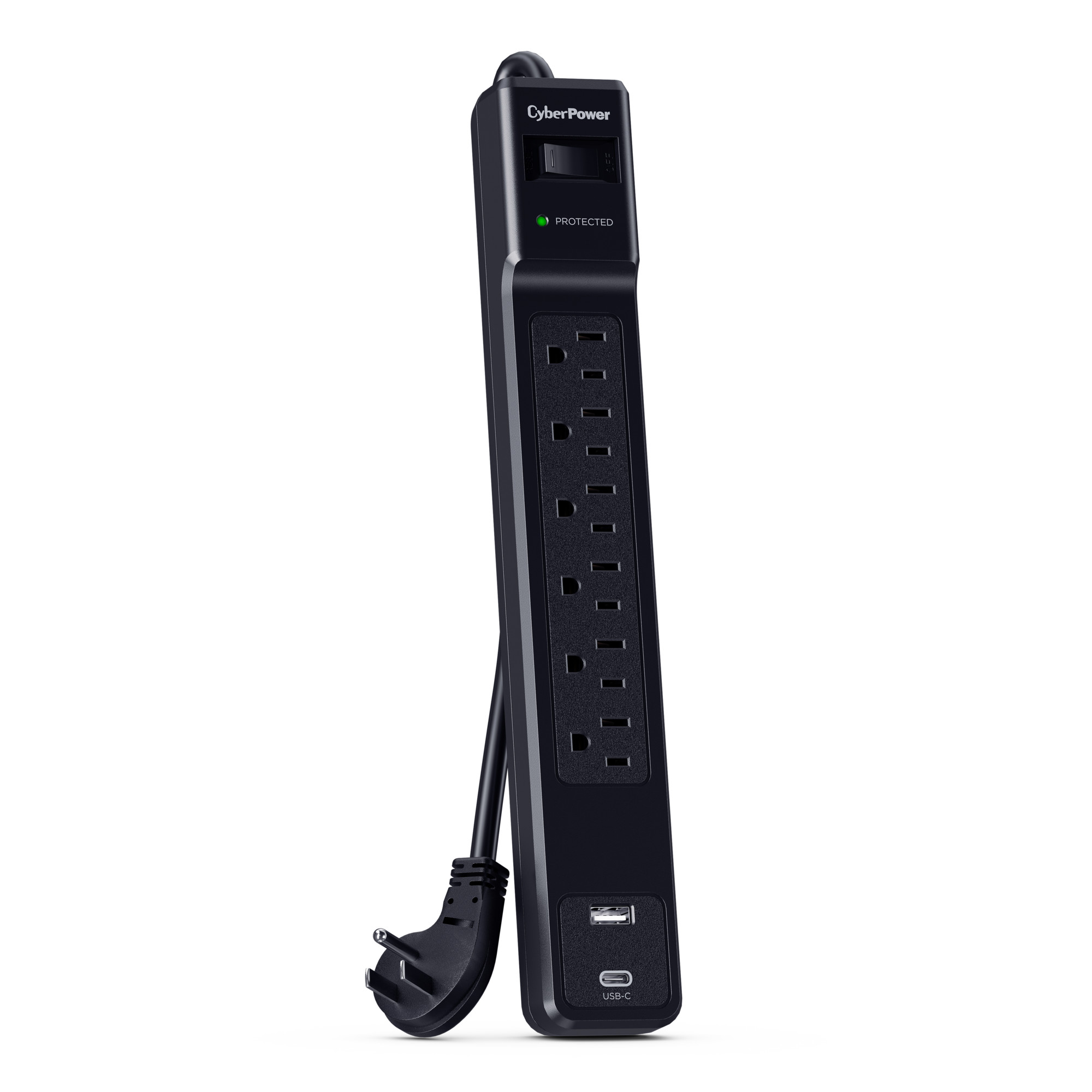 CyberPower CSP604UC black surge protector with 4 ft cord and USB-A and USB-C charging — view 3