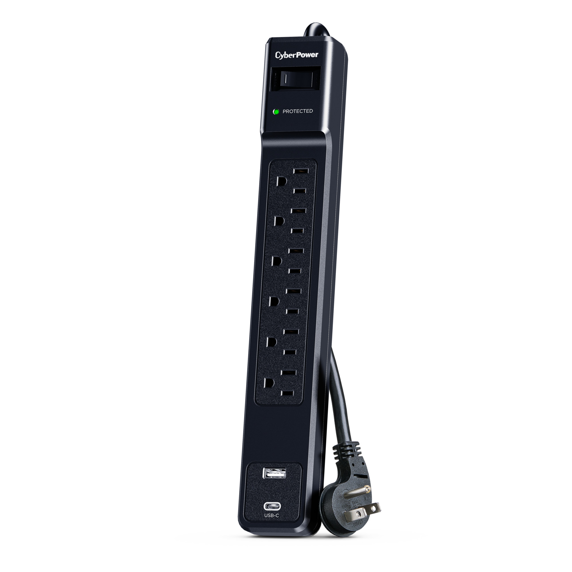 CyberPower CSP604UC black surge protector with 4 ft cord and USB-A and USB-C charging — view 2