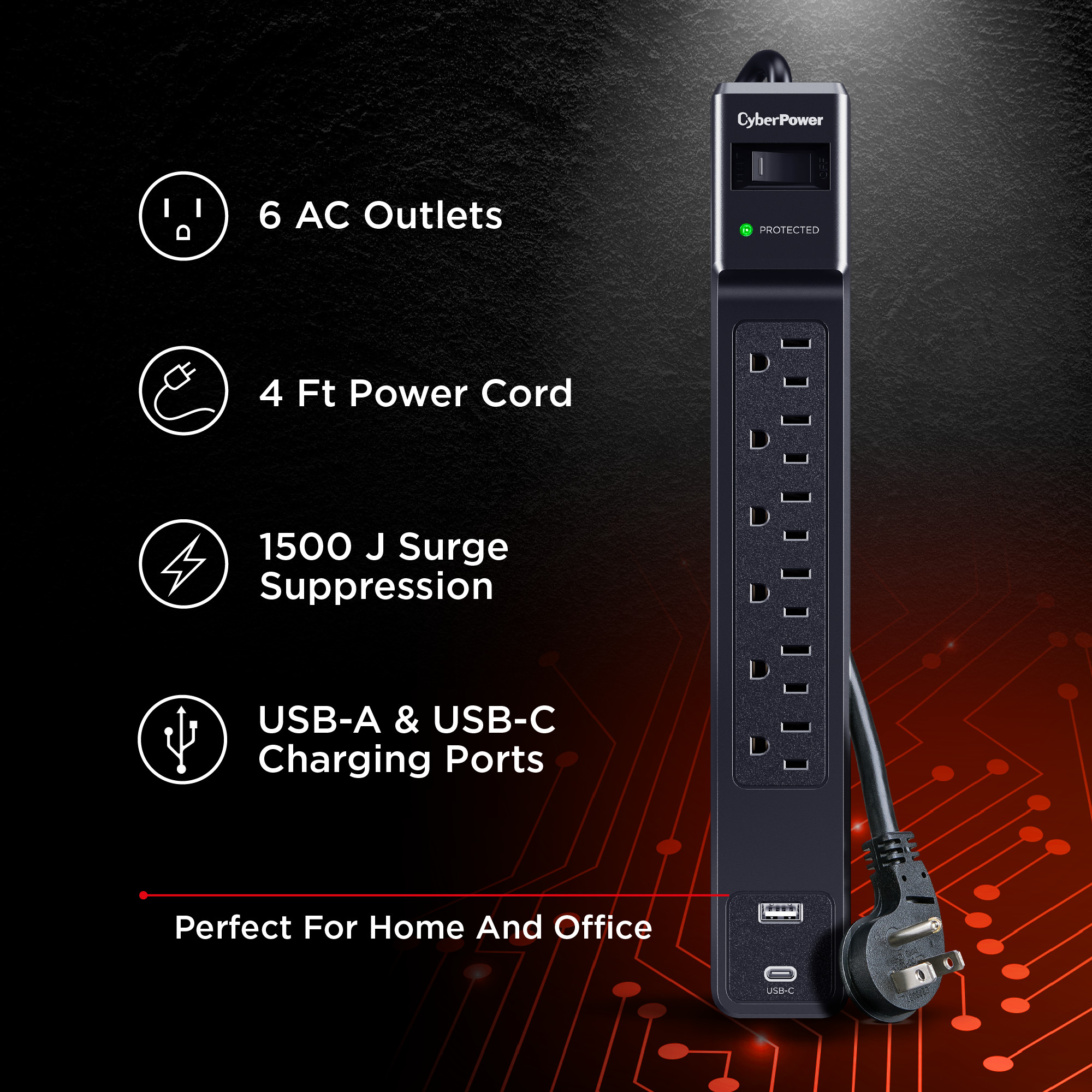 CyberPower CSP604UC black surge protector with 4 ft cord and USB-A and USB-C charging — view 5