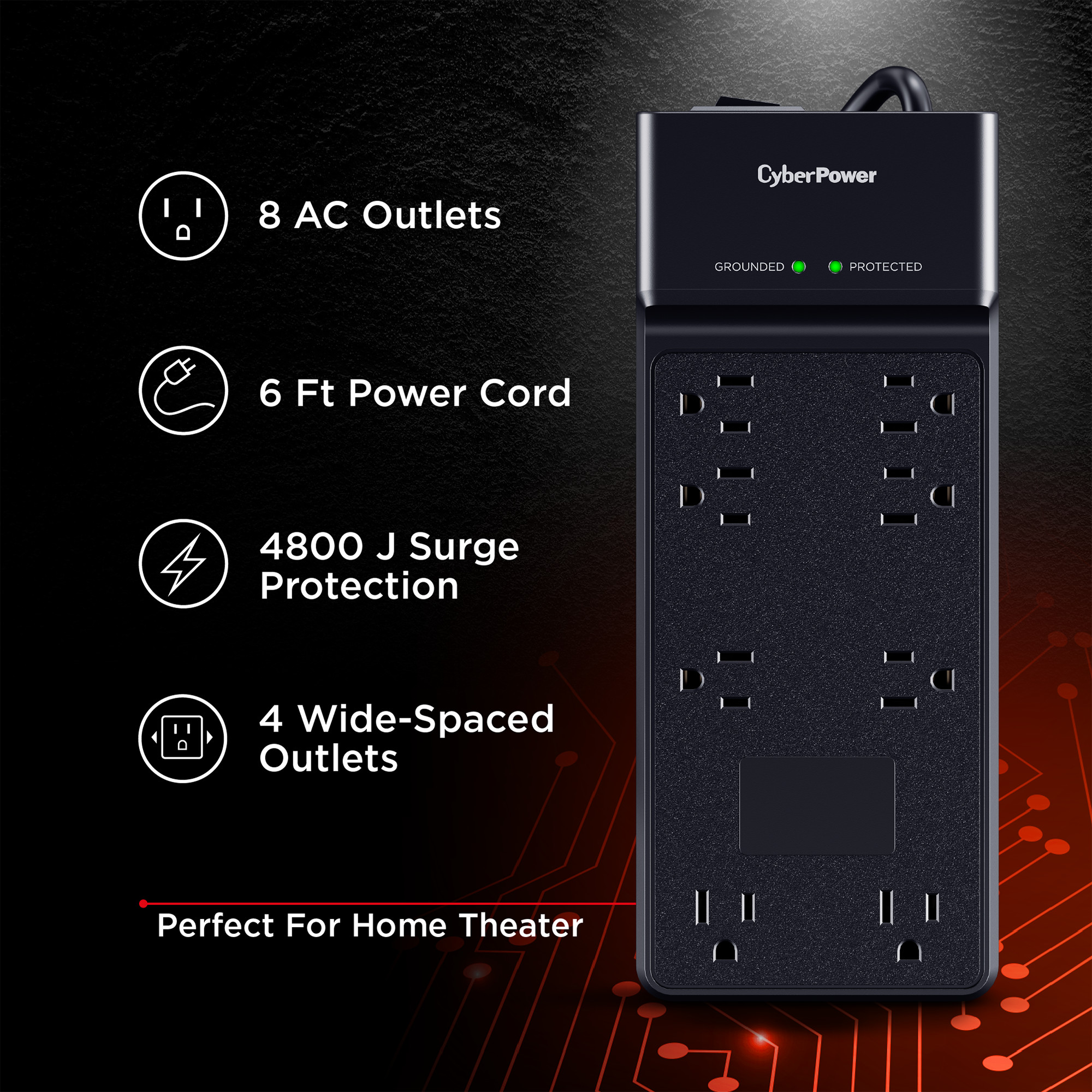 CyberPower CSB806R1 black surge protector with 8 outlets, 4,800 joules, and 6 ft cord — view 5